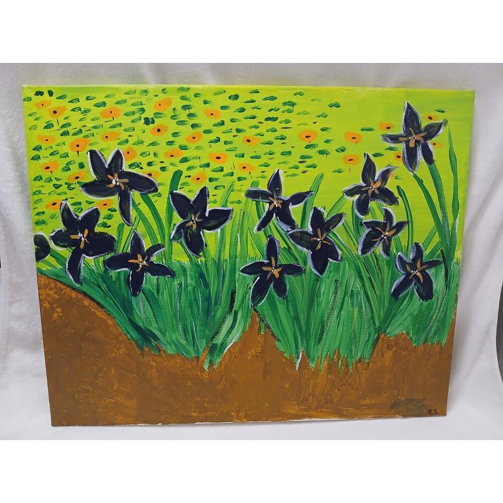 Oil‎ Paiting Iris Flowers 19.5 x 16 Monet Inspired Coffee Shop Artisan On Canvas